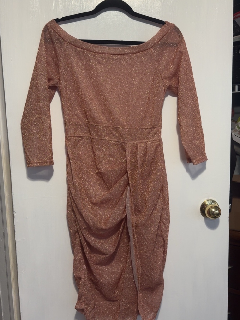 Shimmery Rose Gold Midi Dress with Draped Skirt